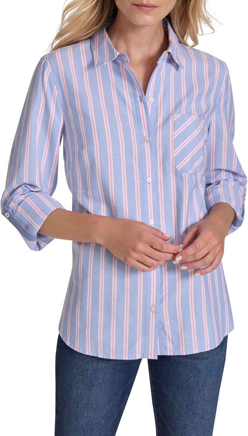 imageNautica Womens Button Front Long Sleeve Roll Tab ShirtFrench Blue Multi