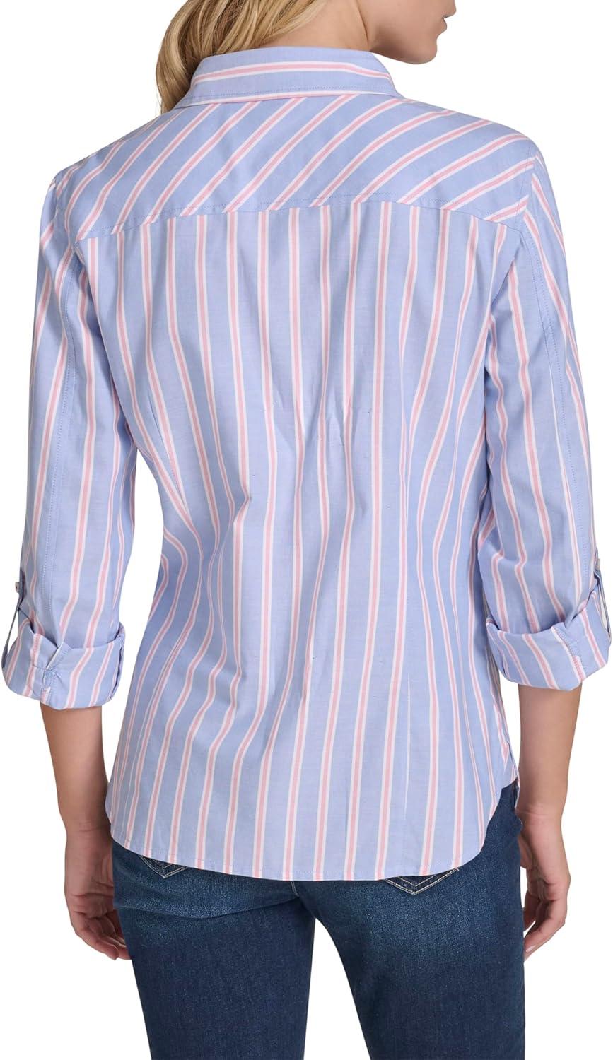 imageNautica Womens Button Front Long Sleeve Roll Tab ShirtFrench Blue Multi