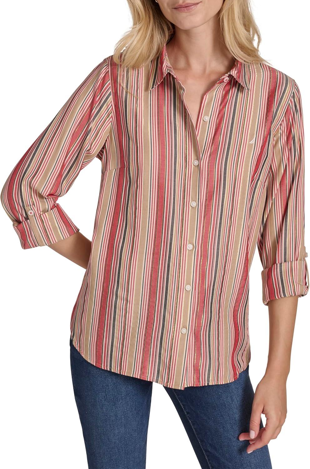 imageNautica Womens Button Front Long Sleeve Roll Tab ShirtHaute Red Multi