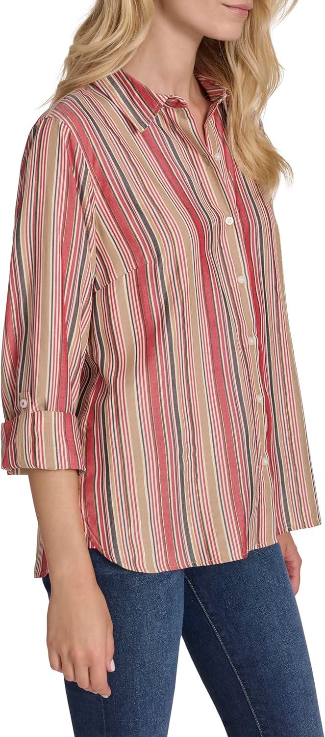 imageNautica Womens Button Front Long Sleeve Roll Tab ShirtHaute Red Multi