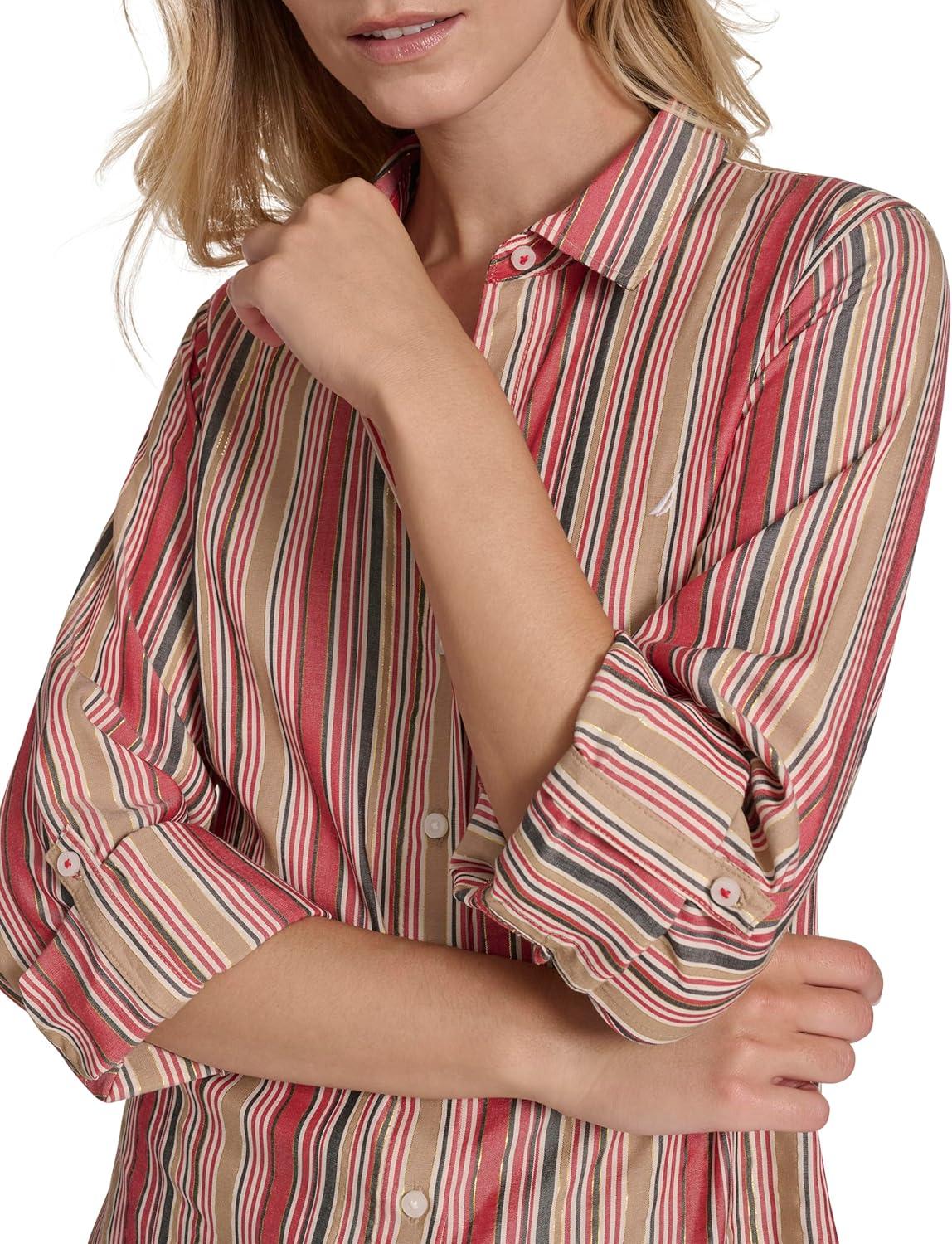 imageNautica Womens Button Front Long Sleeve Roll Tab ShirtHaute Red Multi