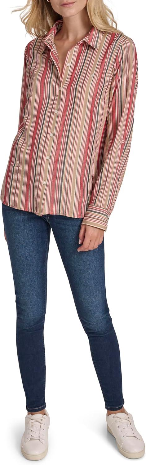 imageNautica Womens Button Front Long Sleeve Roll Tab ShirtHaute Red Multi