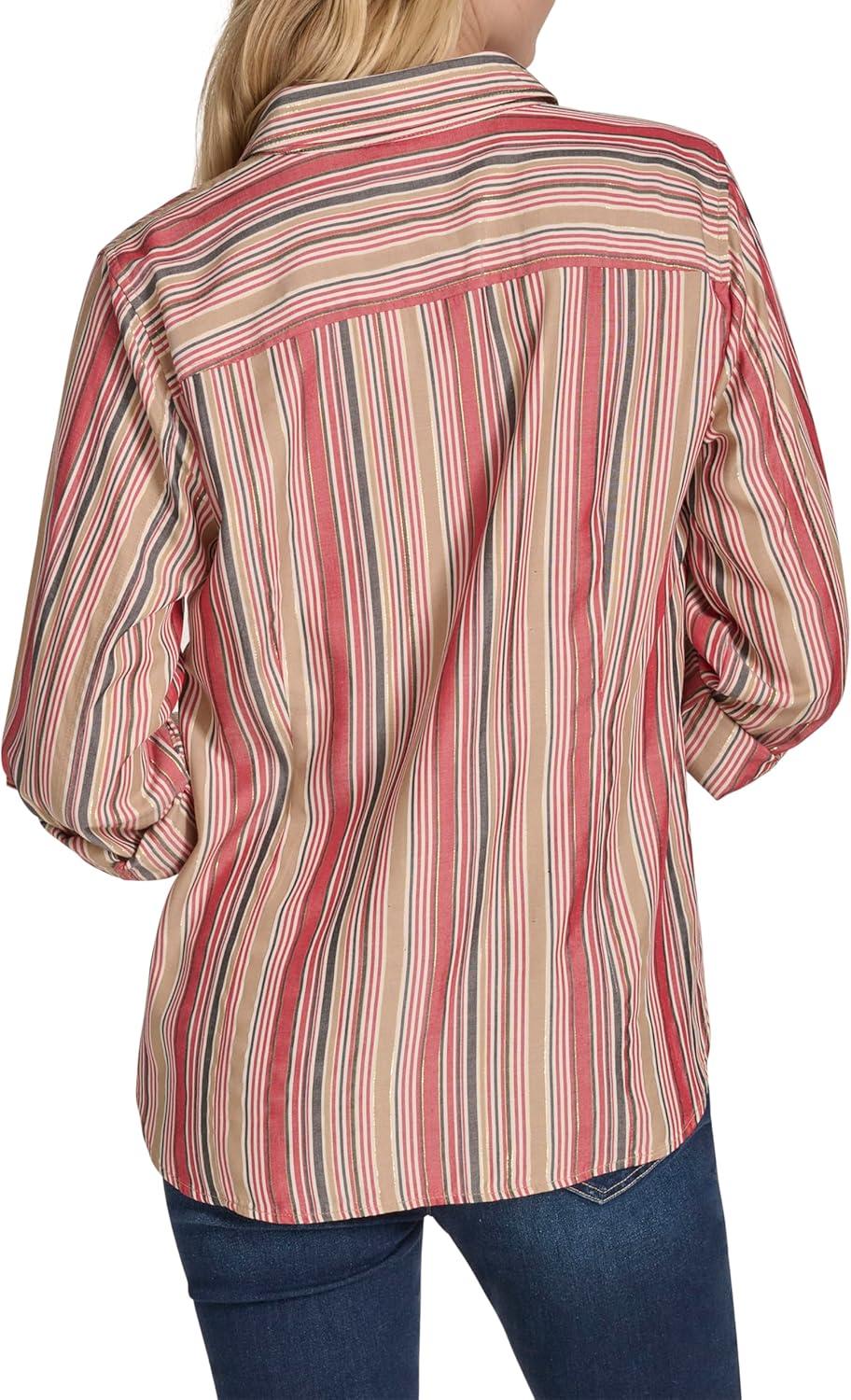 imageNautica Womens Button Front Long Sleeve Roll Tab ShirtHaute Red Multi