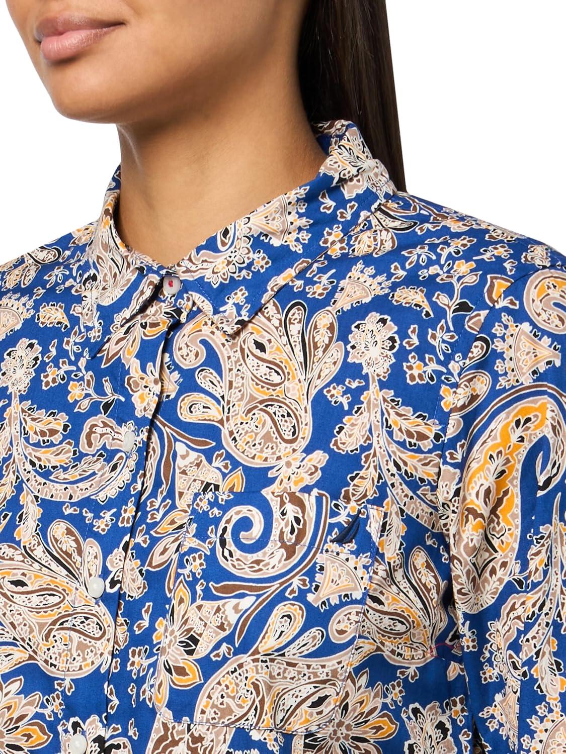 imageNautica Womens Button Front Long Sleeve Roll Tab ShirtMarina Blue Multi