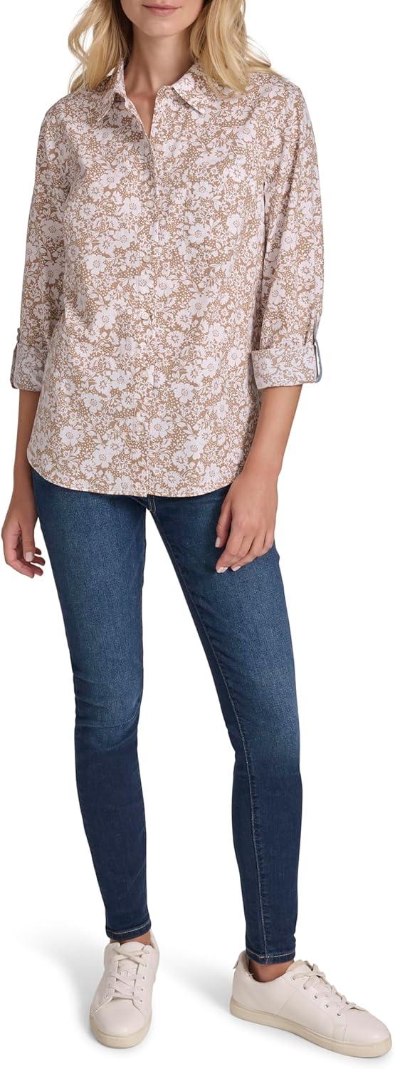 imageNautica Womens Button Front Long Sleeve Roll Tab ShirtTigers Eye Bright White