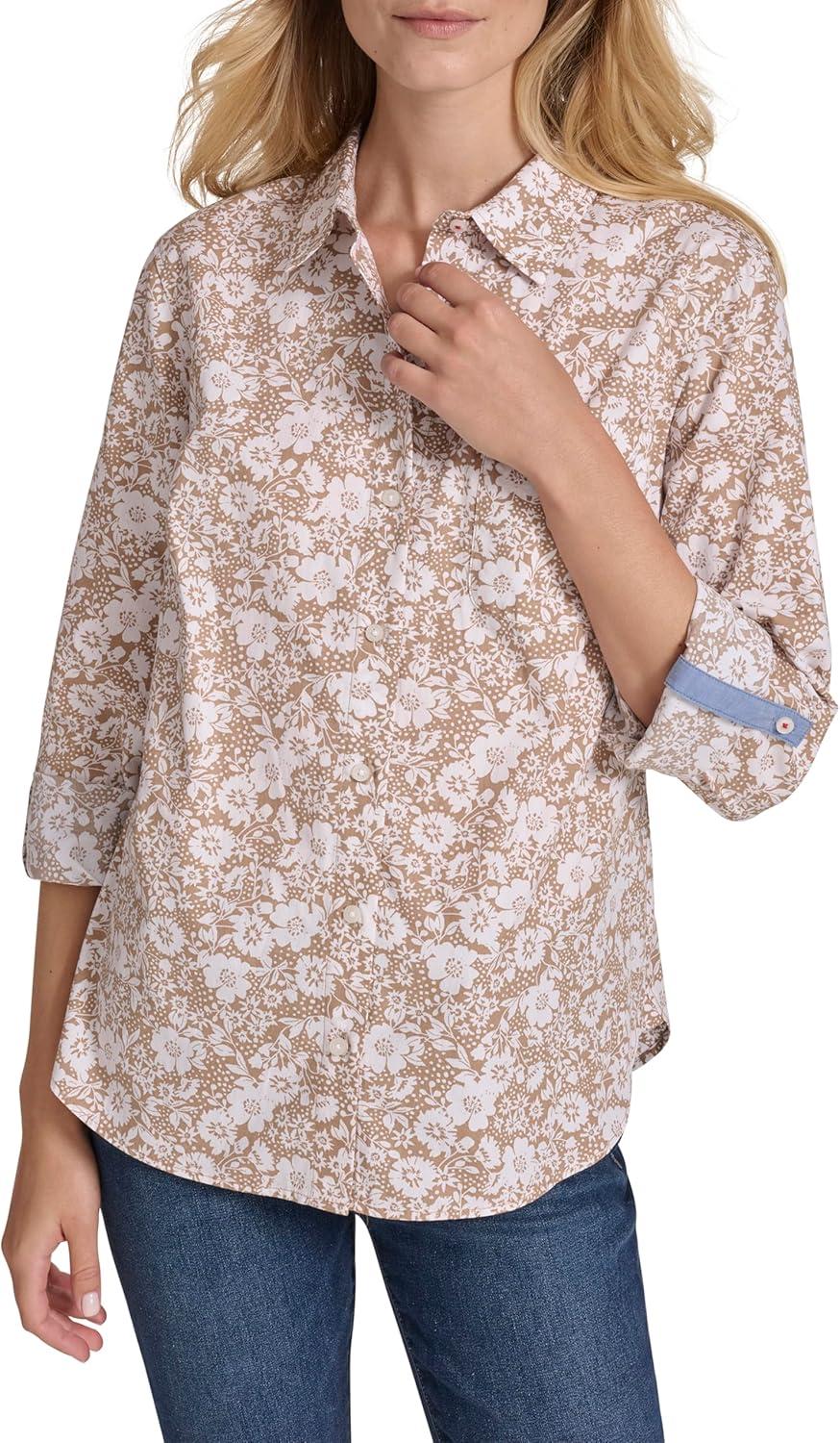 imageNautica Womens Button Front Long Sleeve Roll Tab ShirtTigers Eye Bright White