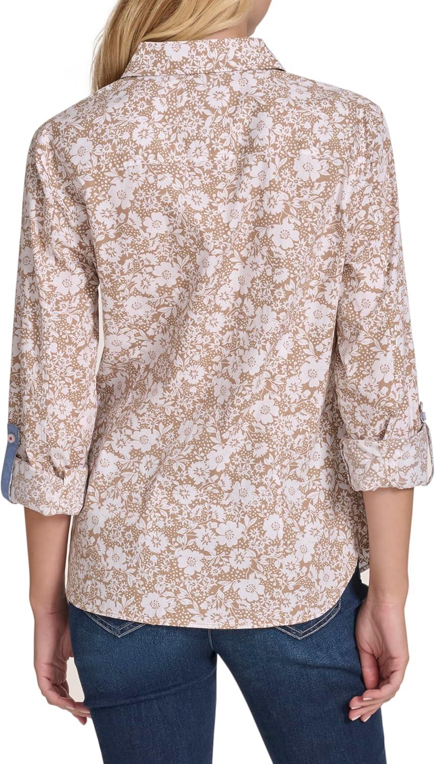 imageNautica Womens Button Front Long Sleeve Roll Tab ShirtTigers Eye Bright White
