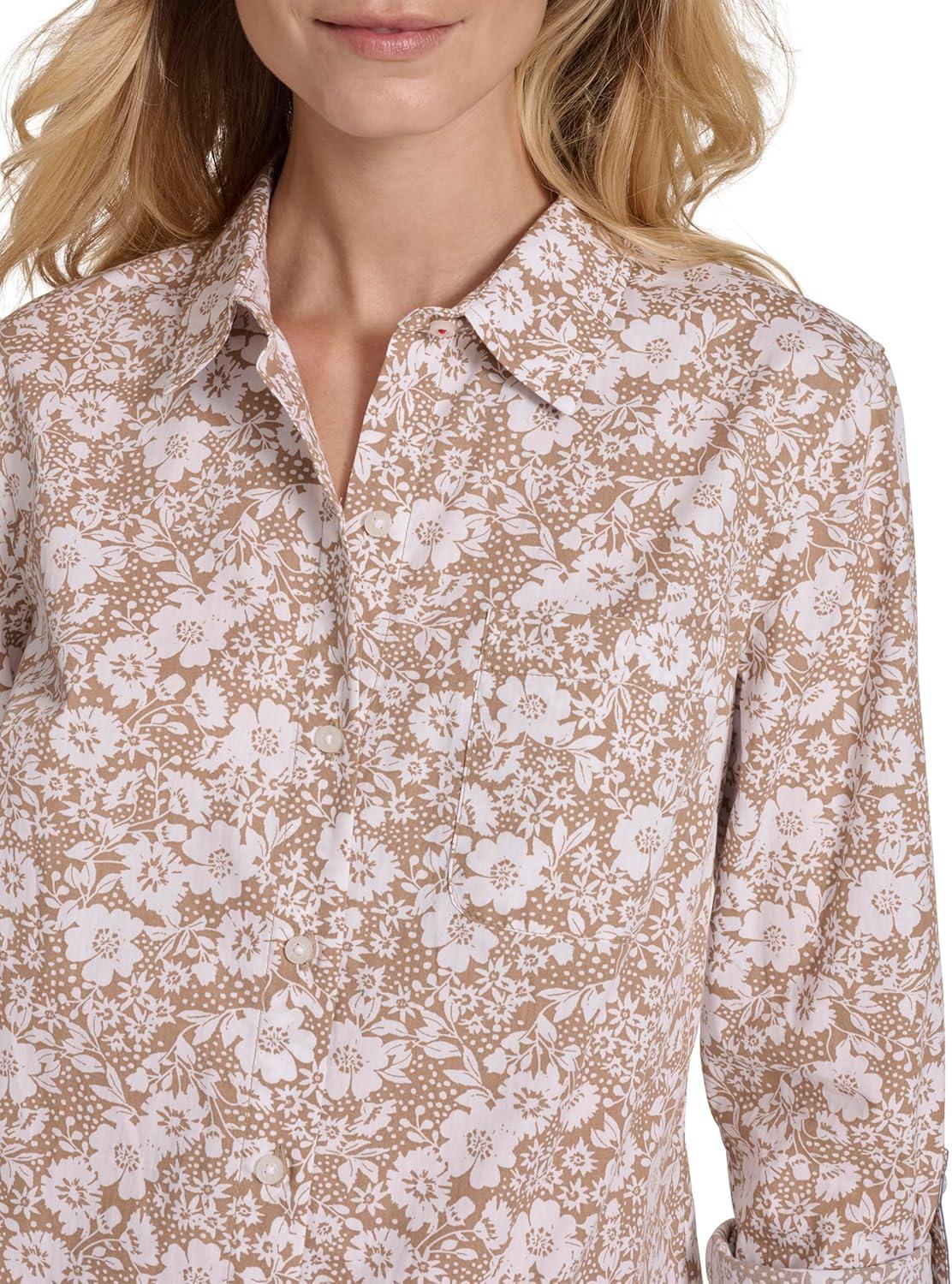 imageNautica Womens Button Front Long Sleeve Roll Tab ShirtTigers Eye Bright White