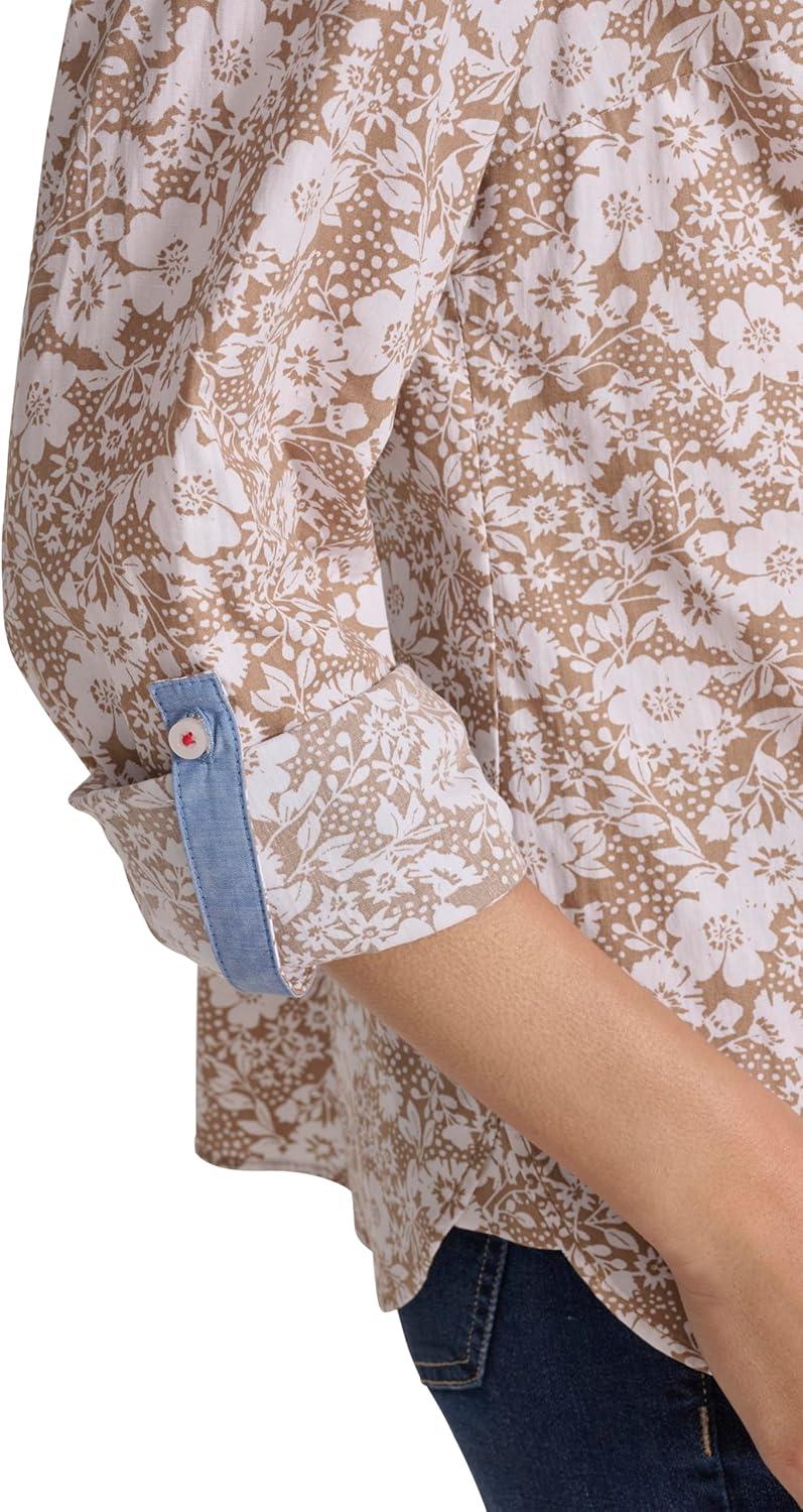 imageNautica Womens Button Front Long Sleeve Roll Tab ShirtTigers Eye Bright White