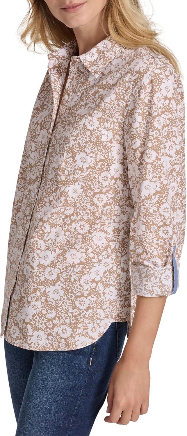 imageNautica Womens Button Front Long Sleeve Roll Tab ShirtTigers Eye Bright White
