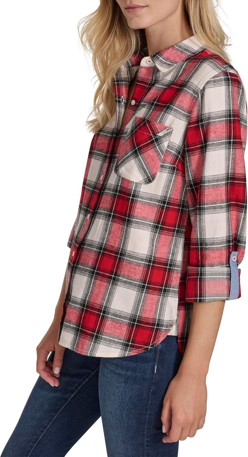 imageNautica Womens Button Front Long Sleeve Roll Tab ShirtWhite SwanHaute Red