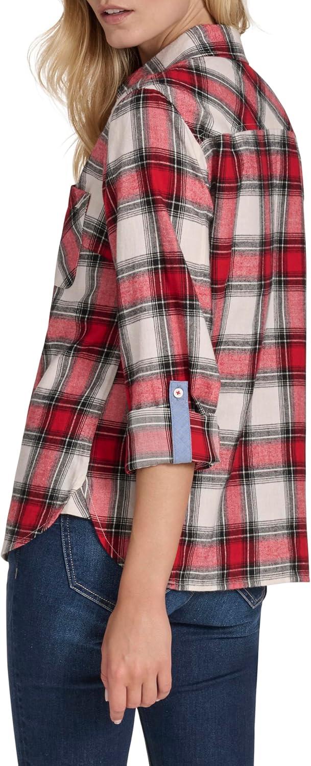imageNautica Womens Button Front Long Sleeve Roll Tab ShirtWhite SwanHaute Red