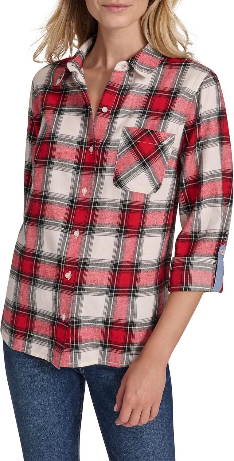 imageNautica Womens Button Front Long Sleeve Roll Tab ShirtWhite SwanHaute Red