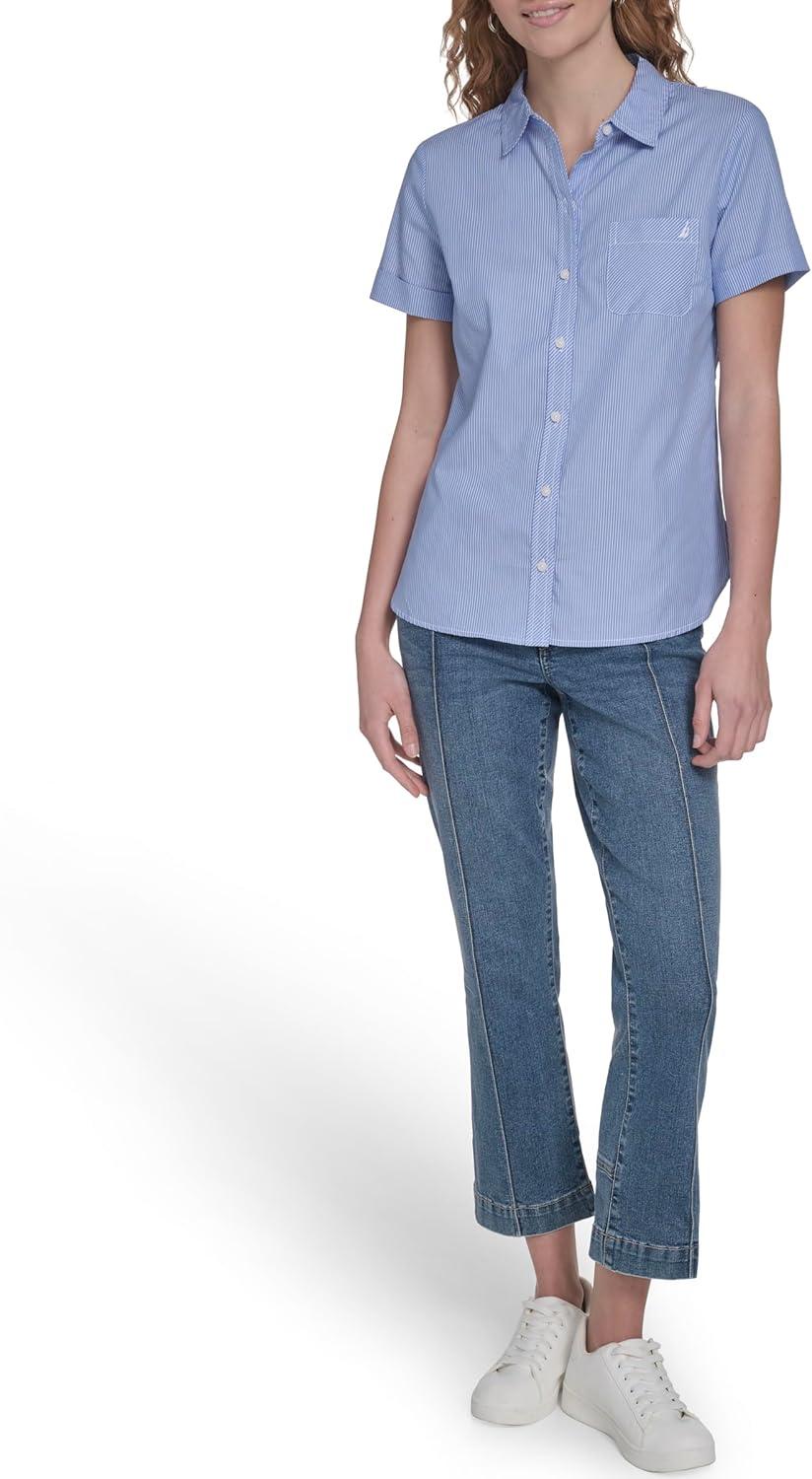 imageNautica Womens Button Front Short Sleeve Camp ShirtBlueWhite