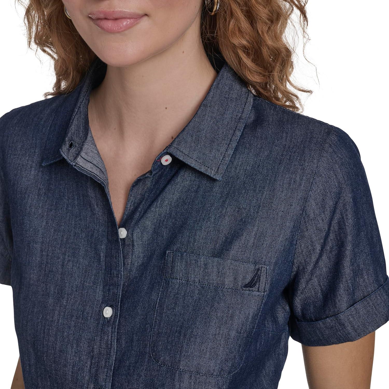 imageNautica Womens Button Front Short Sleeve Camp ShirtDark Azure