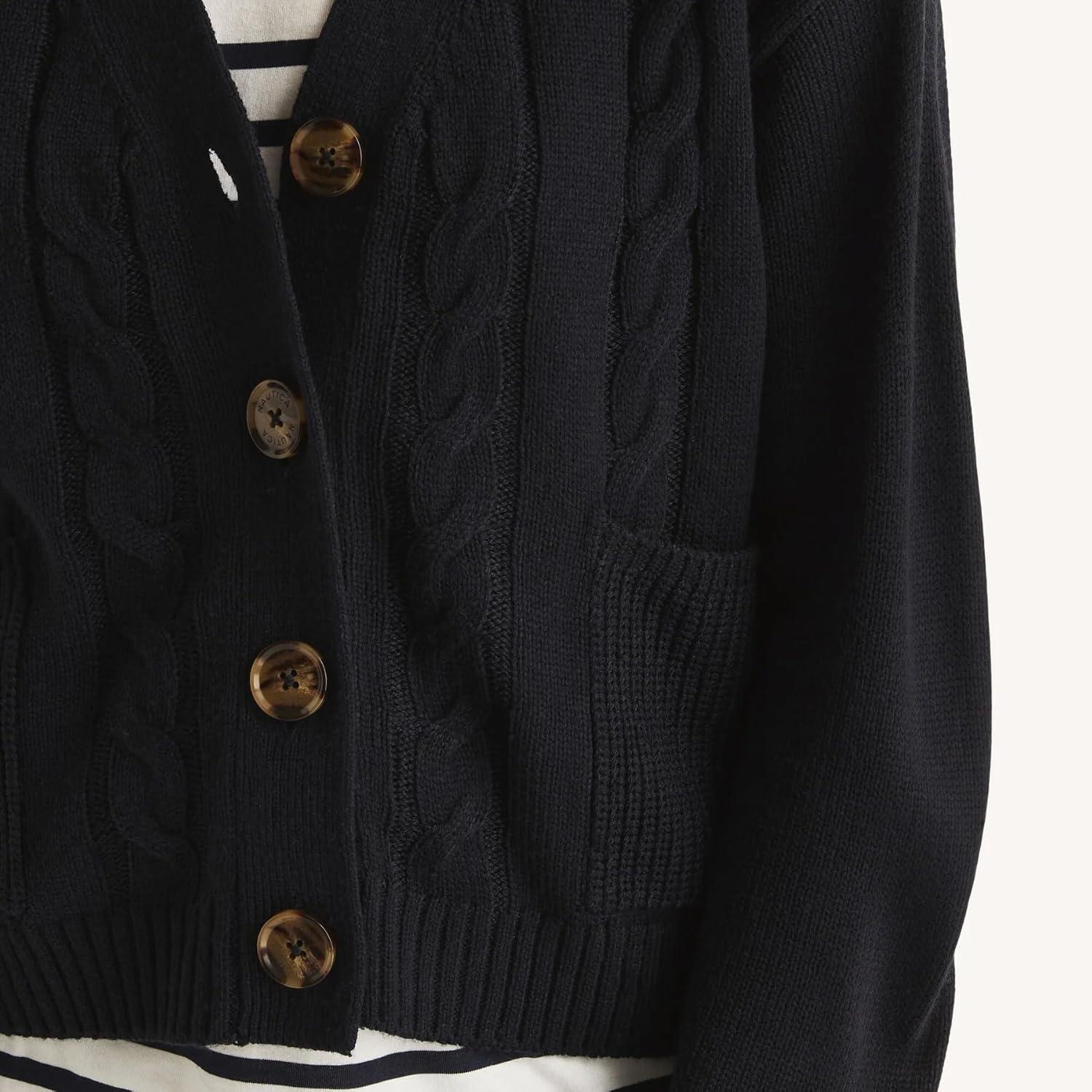 imageNautica Womens Button Long Sleeve Cardigan Cable VNeck SweaterNight Sky Multi