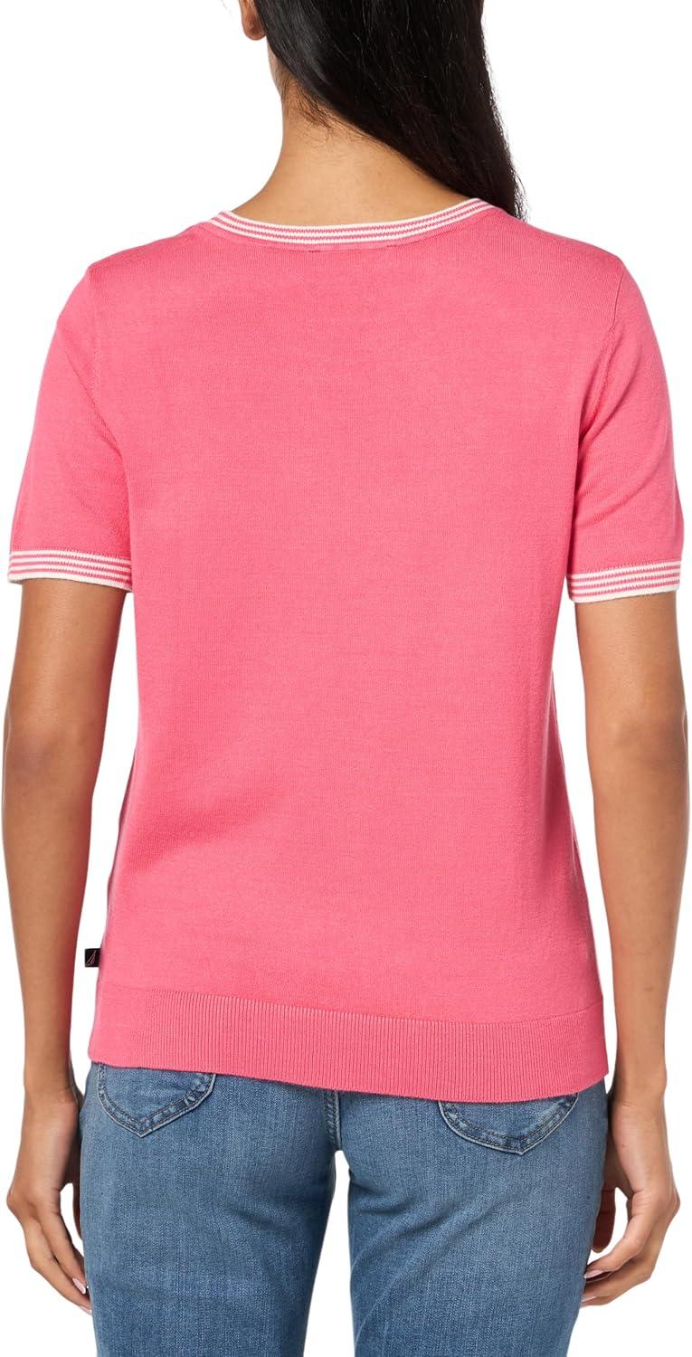 imageNautica Womens Crew Neck Solid Short Sleeve SweaterRosette Multi