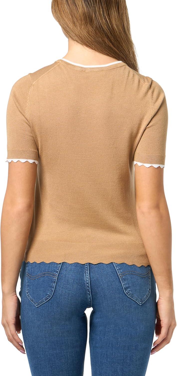 imageNautica Womens Crew Neck Solid Short Sleeve SweaterTanninBright White