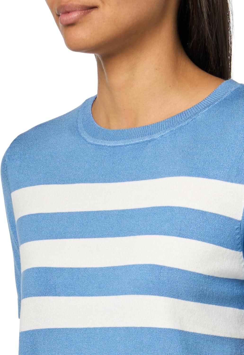 imageNautica Womens Crew Neck Stripe Short Sleeve SweaterBlue Haze Ivory
