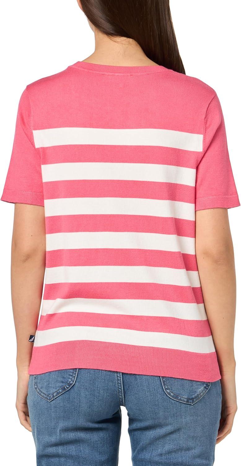 imageNautica Womens Crew Neck Stripe Short Sleeve SweaterRosette Multi