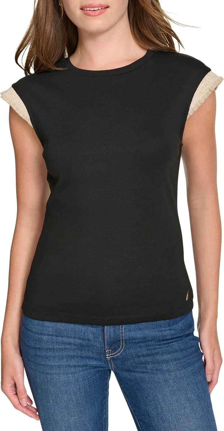 imageNautica Womens Crew Neckline Short Sleeve Ruffle Sleeve ShirtBlack