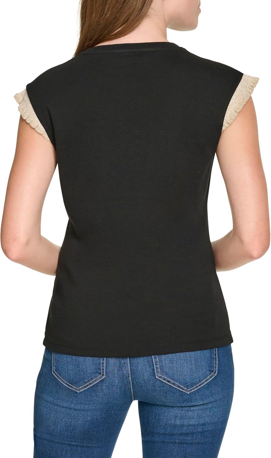 imageNautica Womens Crew Neckline Short Sleeve Ruffle Sleeve ShirtBlack