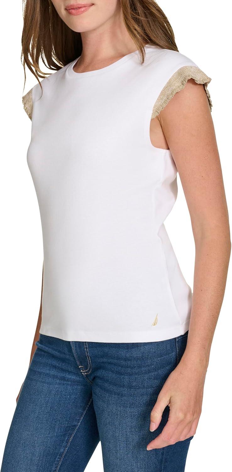 imageNautica Womens Crew Neckline Short Sleeve Ruffle Sleeve ShirtBright White