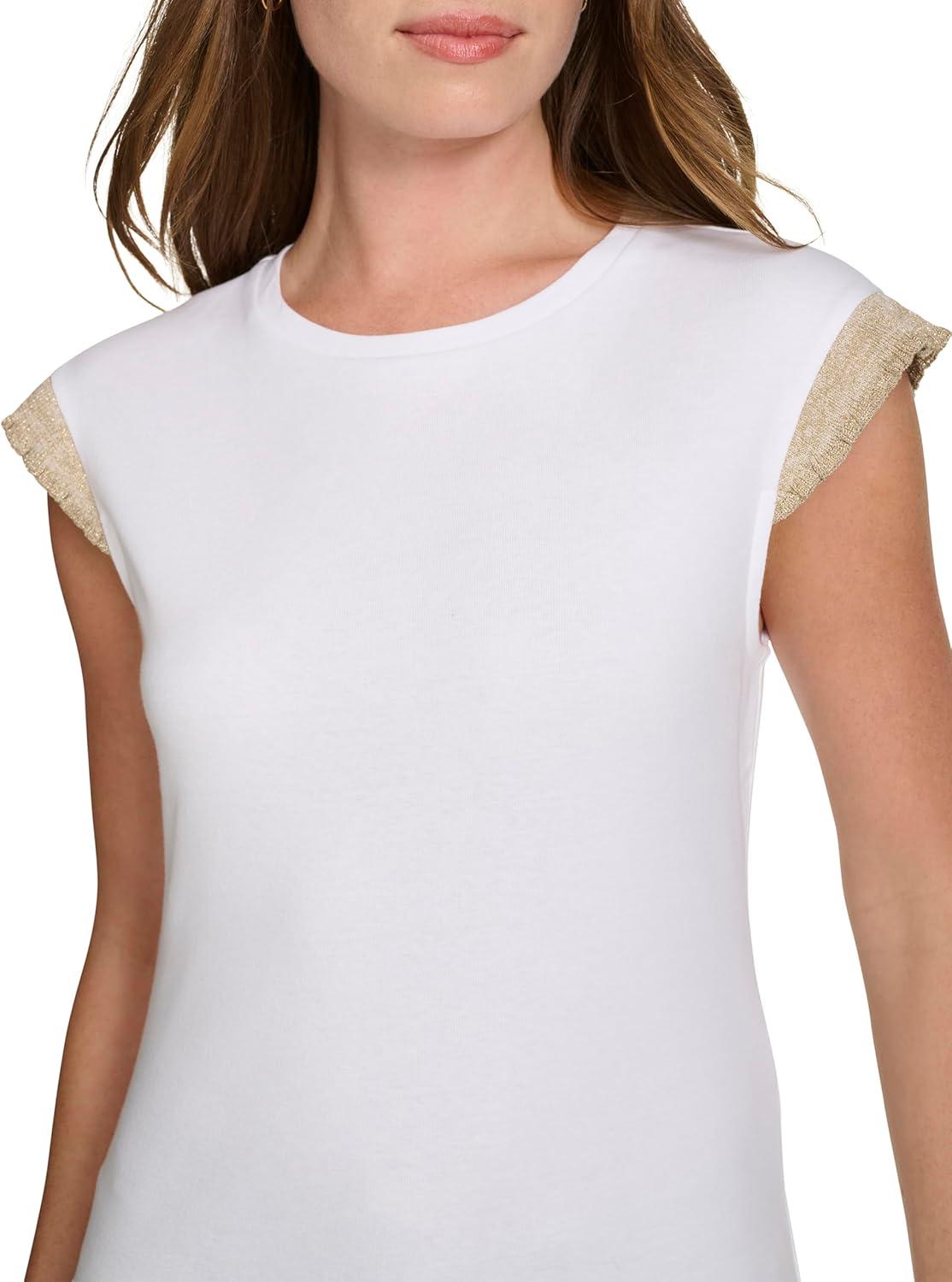 imageNautica Womens Crew Neckline Short Sleeve Ruffle Sleeve ShirtBright White