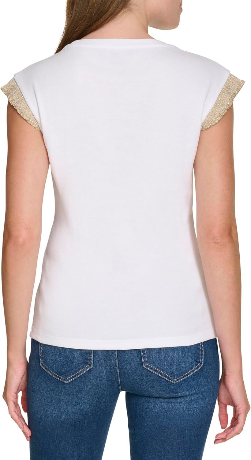 imageNautica Womens Crew Neckline Short Sleeve Ruffle Sleeve ShirtBright White
