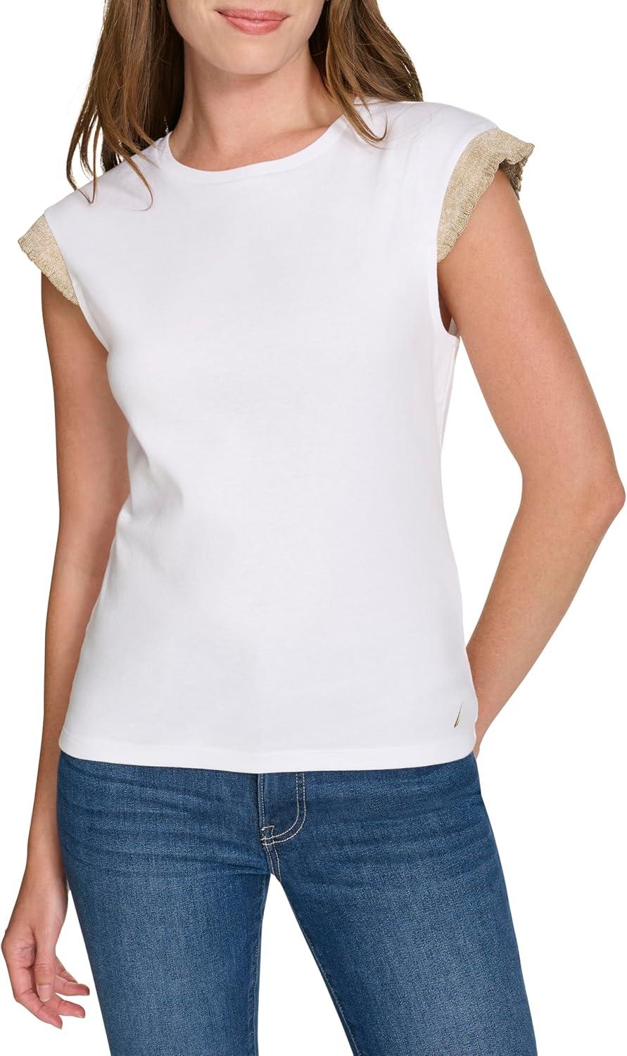 imageNautica Womens Crew Neckline Short Sleeve Ruffle Sleeve ShirtBright White