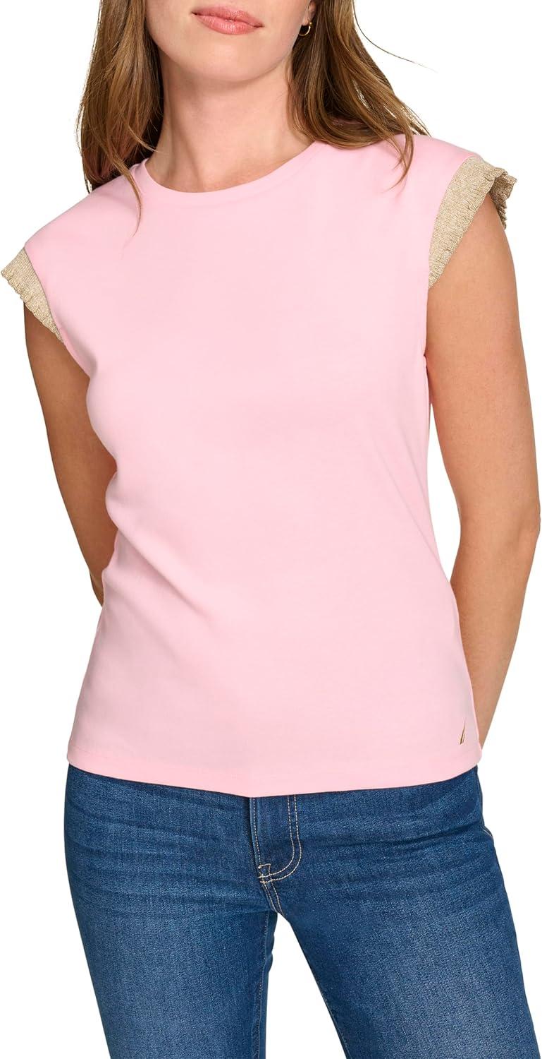 imageNautica Womens Crew Neckline Short Sleeve Ruffle Sleeve ShirtTaffy Pink