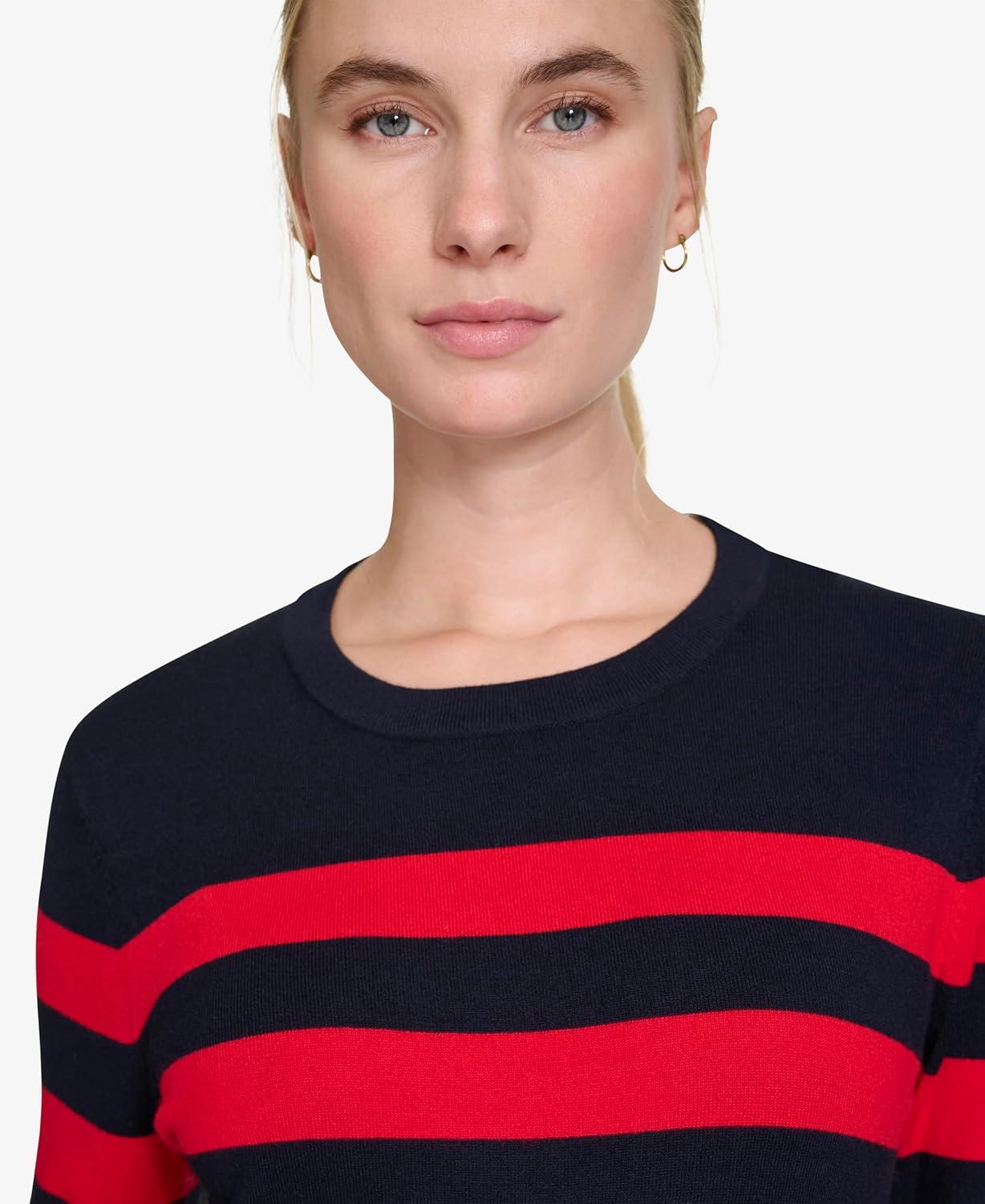 imageNautica Womens Crewneck Stripe Long Sleeve Crewneck SweaterNight Sky Regatta Red