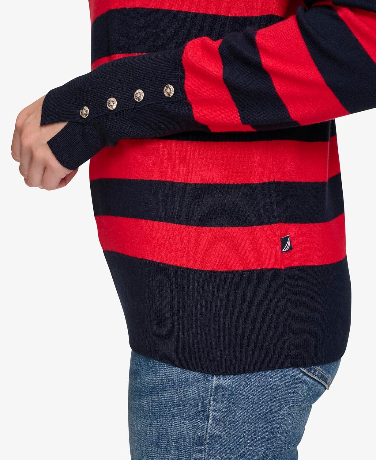 imageNautica Womens Crewneck Stripe Long Sleeve Crewneck SweaterNight Sky Regatta Red