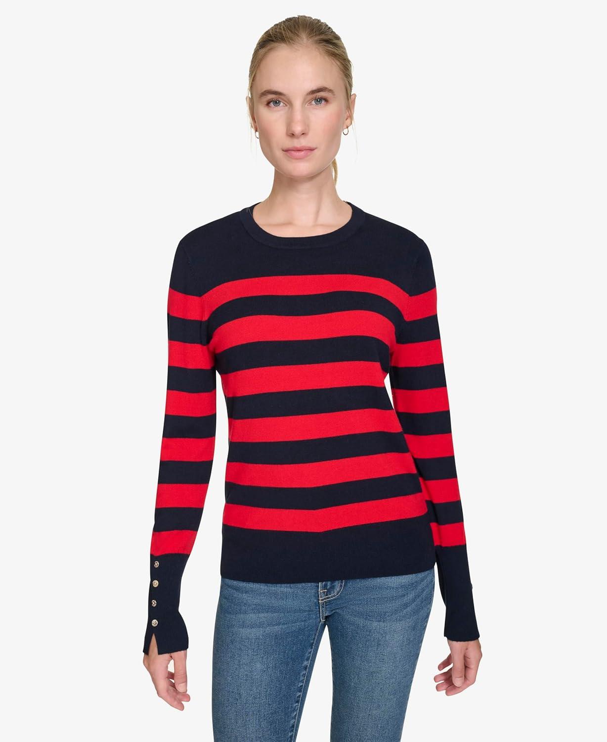 imageNautica Womens Crewneck Stripe Long Sleeve Crewneck SweaterNight Sky Regatta Red