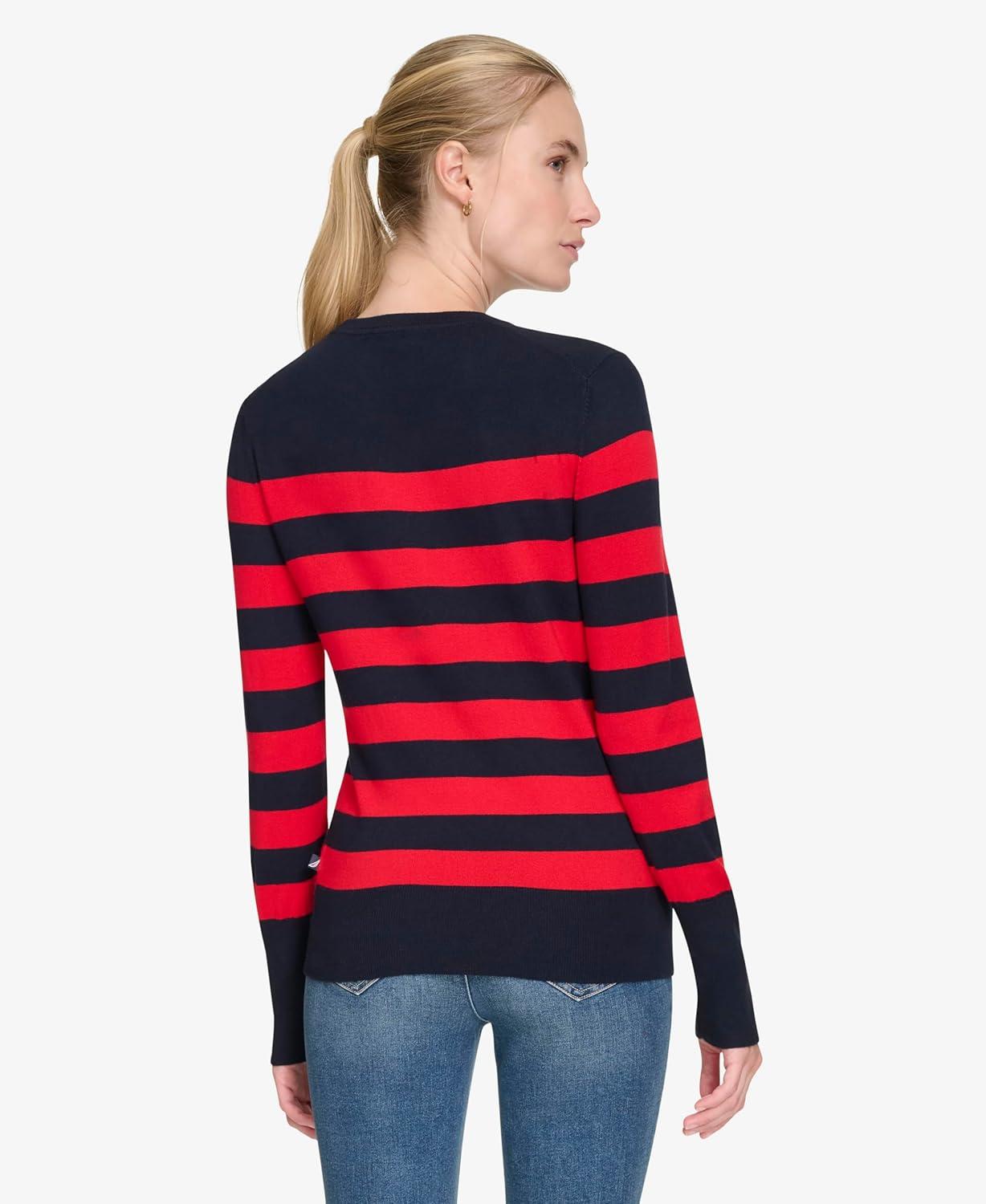imageNautica Womens Crewneck Stripe Long Sleeve Crewneck SweaterNight Sky Regatta Red