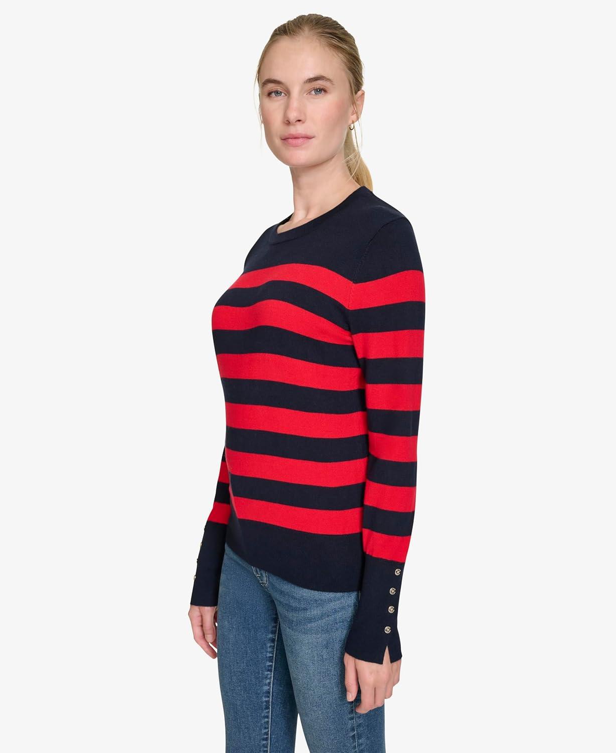 imageNautica Womens Crewneck Stripe Long Sleeve Crewneck SweaterNight Sky Regatta Red