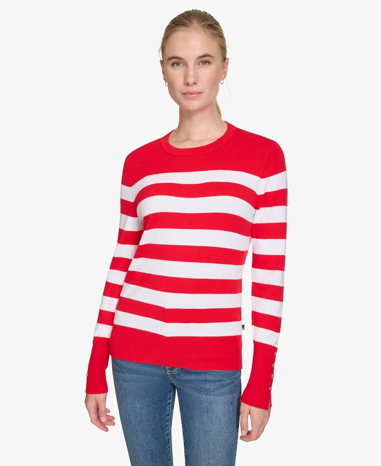 imageNautica Womens Crewneck Stripe Long Sleeve Crewneck SweaterRegatta Red Night Sky