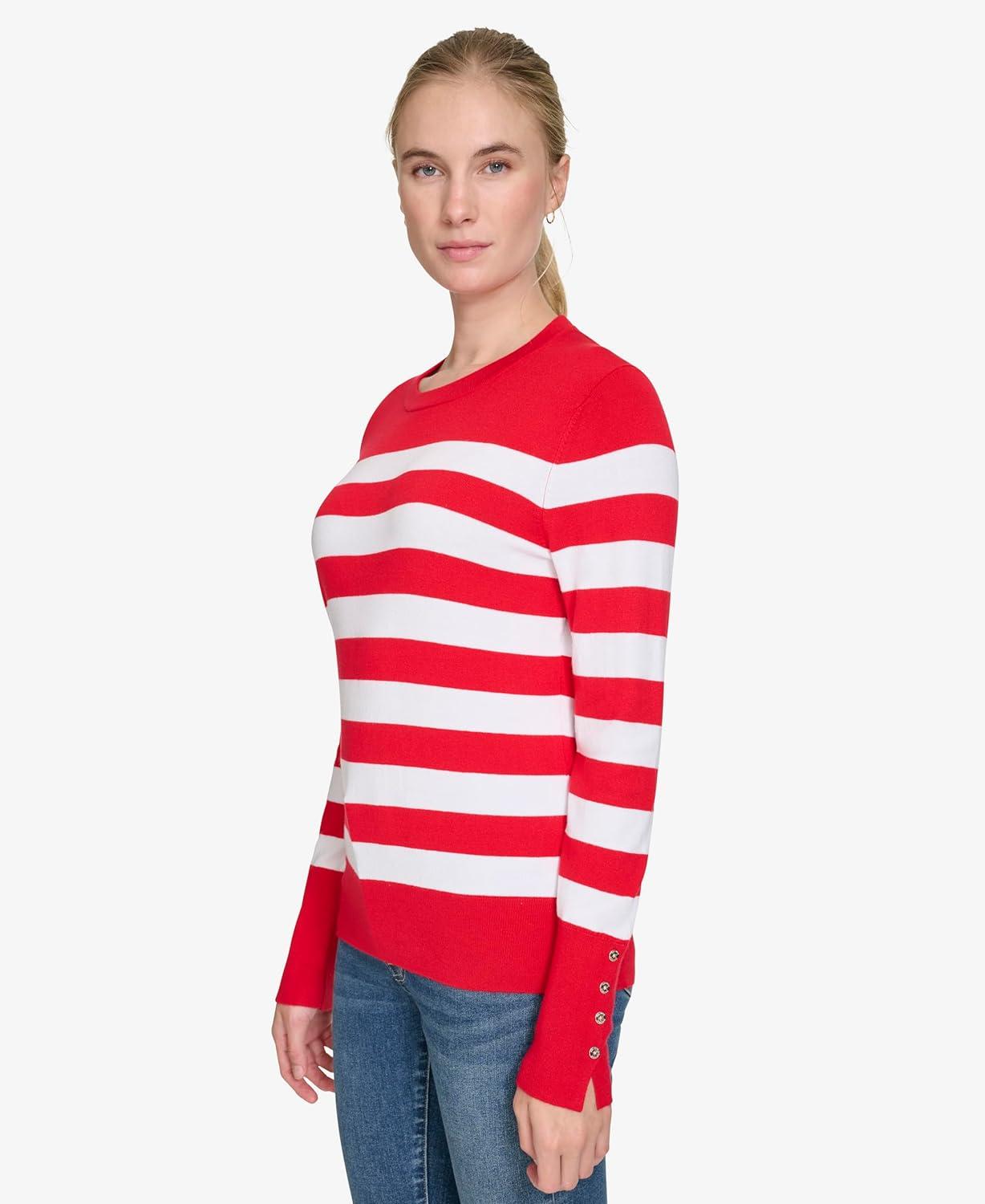 imageNautica Womens Crewneck Stripe Long Sleeve Crewneck SweaterRegatta Red Night Sky