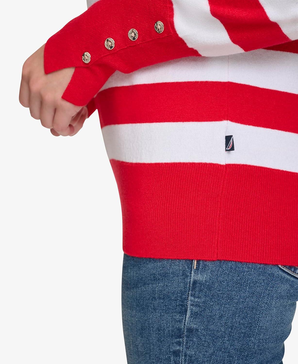imageNautica Womens Crewneck Stripe Long Sleeve Crewneck SweaterRegatta Red Night Sky