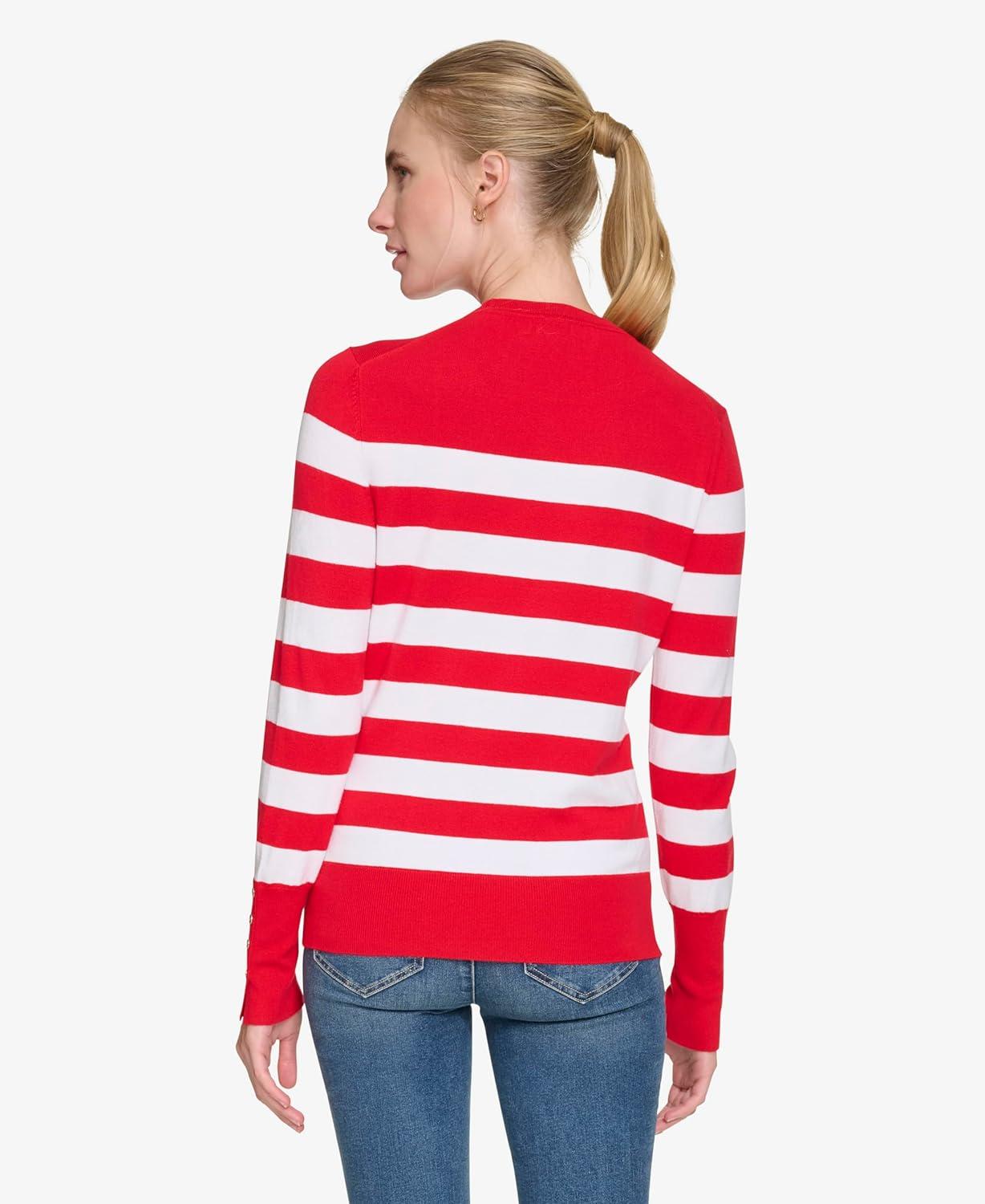 imageNautica Womens Crewneck Stripe Long Sleeve Crewneck SweaterRegatta Red Night Sky