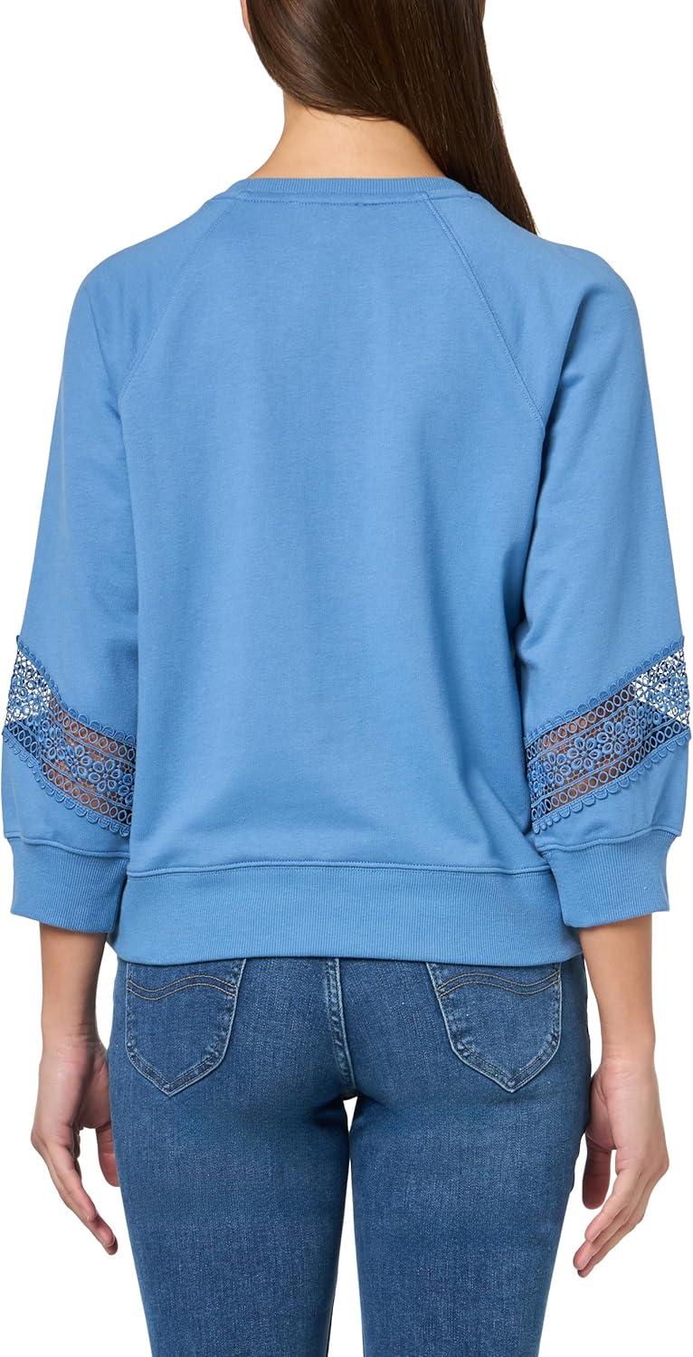 imageNautica Womens Lace Sleeve Patch Shoulder Pleats Crewneck Soft Lace Placement SweatshirtBlue Haze