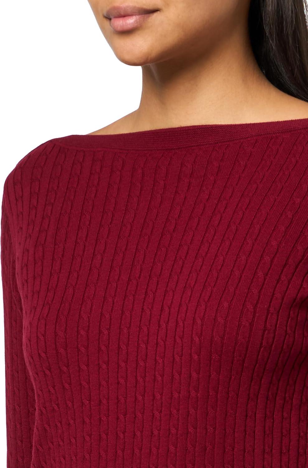 imageNautica Womens Long Sleeve Cable Boatneck SweaterDeep Rouge