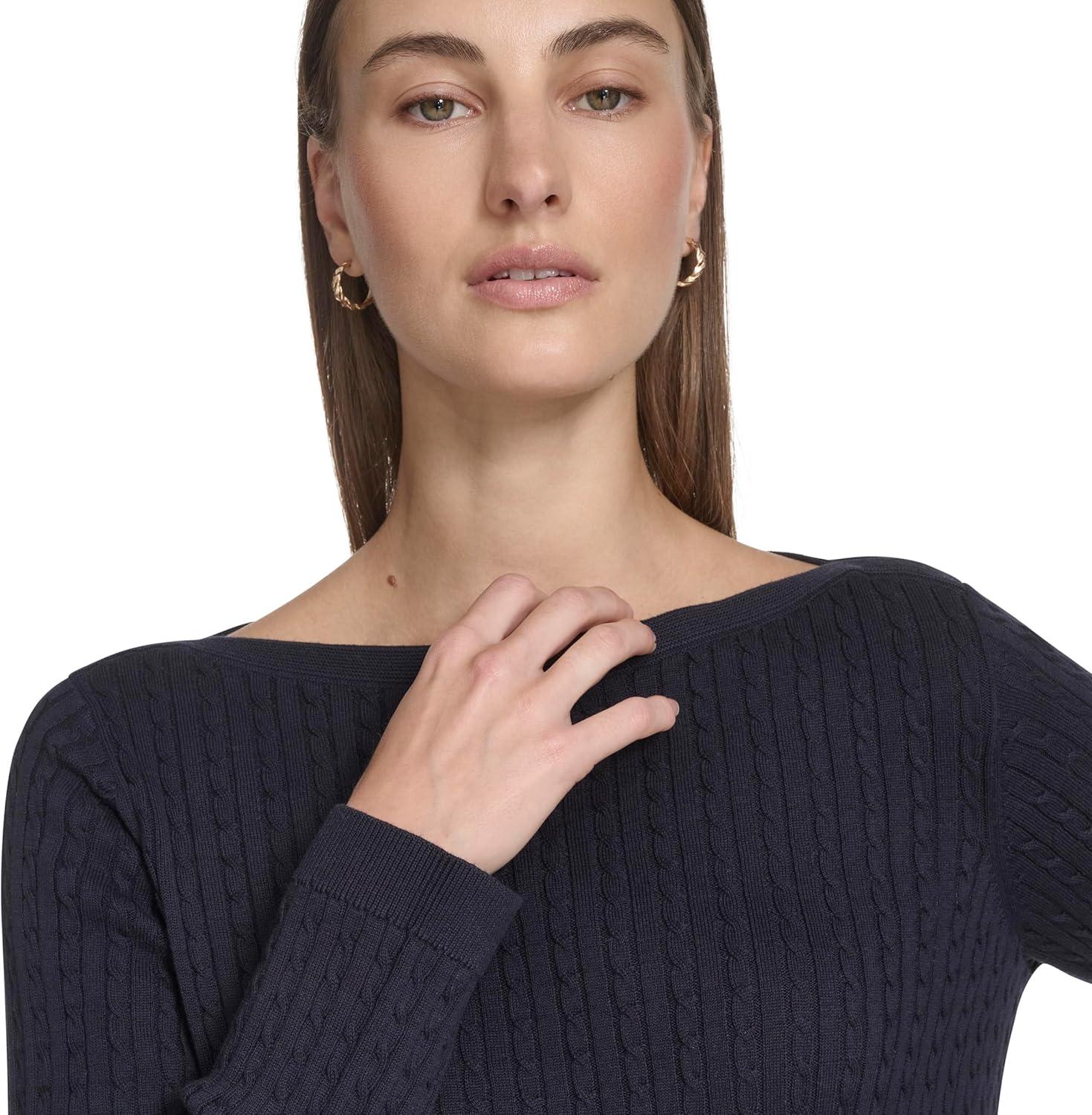 imageNautica Womens Long Sleeve Cable Boatneck SweaterNight Sky