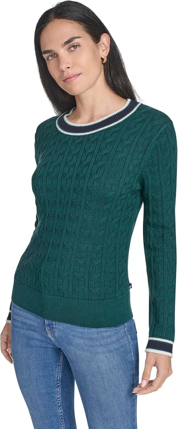 imageNautica Womens Long Sleeve Cable Crewneck SweaterForest Multi