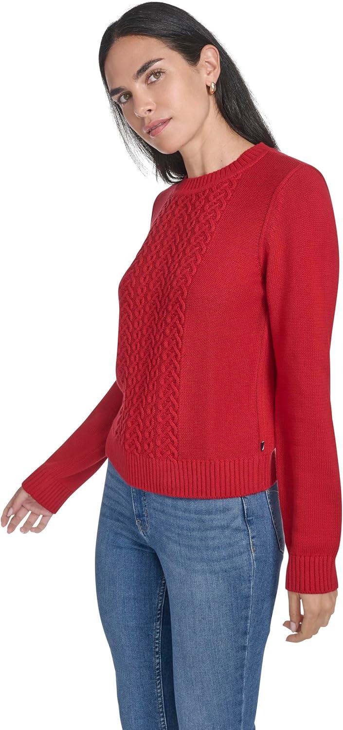 imageNautica Womens Long Sleeve Cable Crewneck SweaterHaute Red
