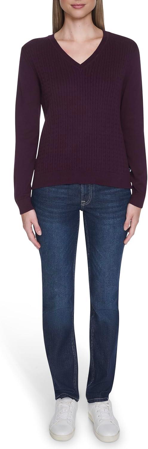 imageNautica Womens Long Sleeve Cable VNeck SweaterAubergine