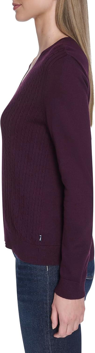 imageNautica Womens Long Sleeve Cable VNeck SweaterAubergine