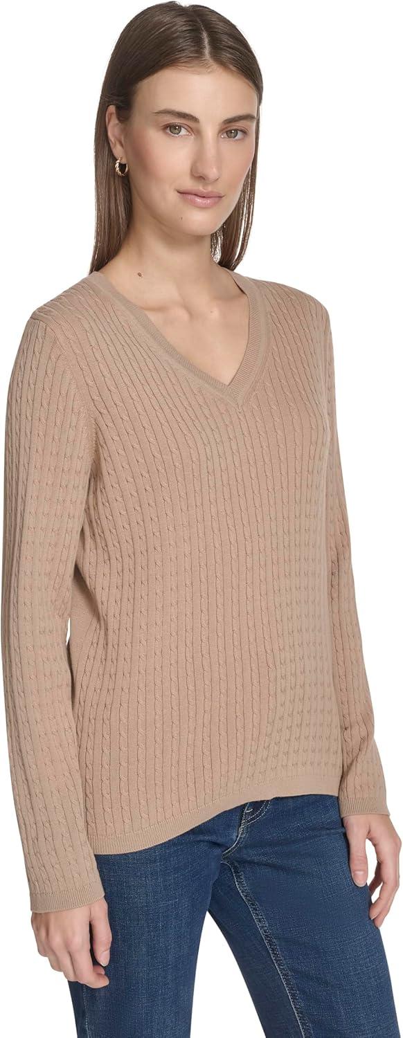 imageNautica Womens Long Sleeve Cable VNeck SweaterCamel