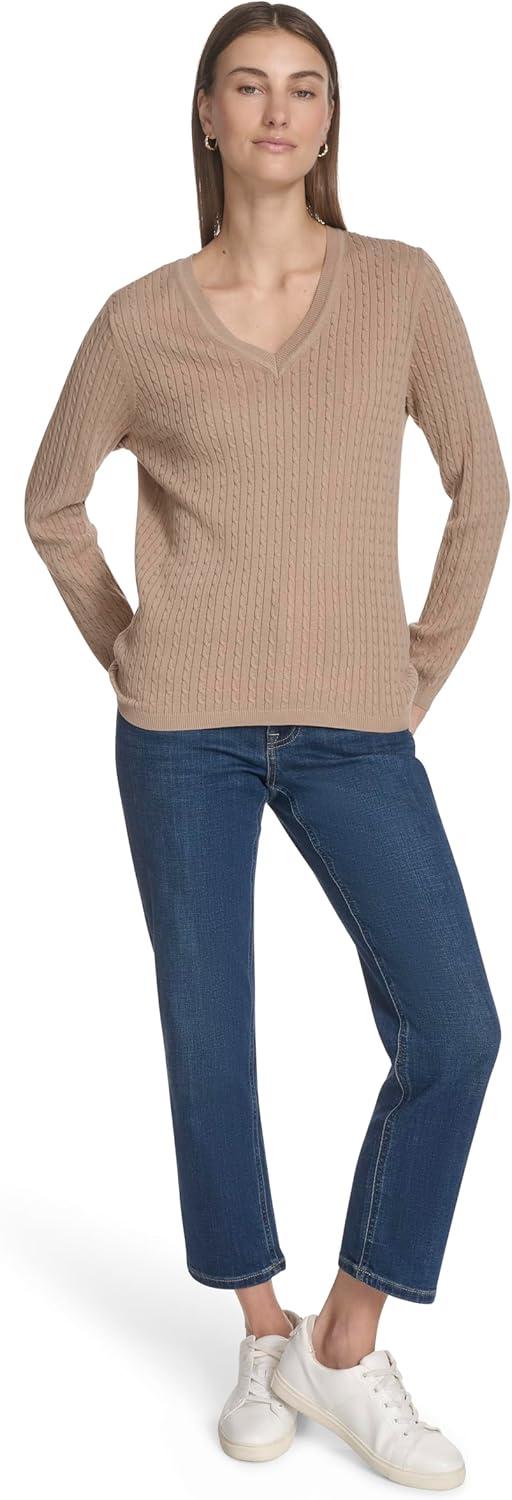 imageNautica Womens Long Sleeve Cable VNeck SweaterCamel