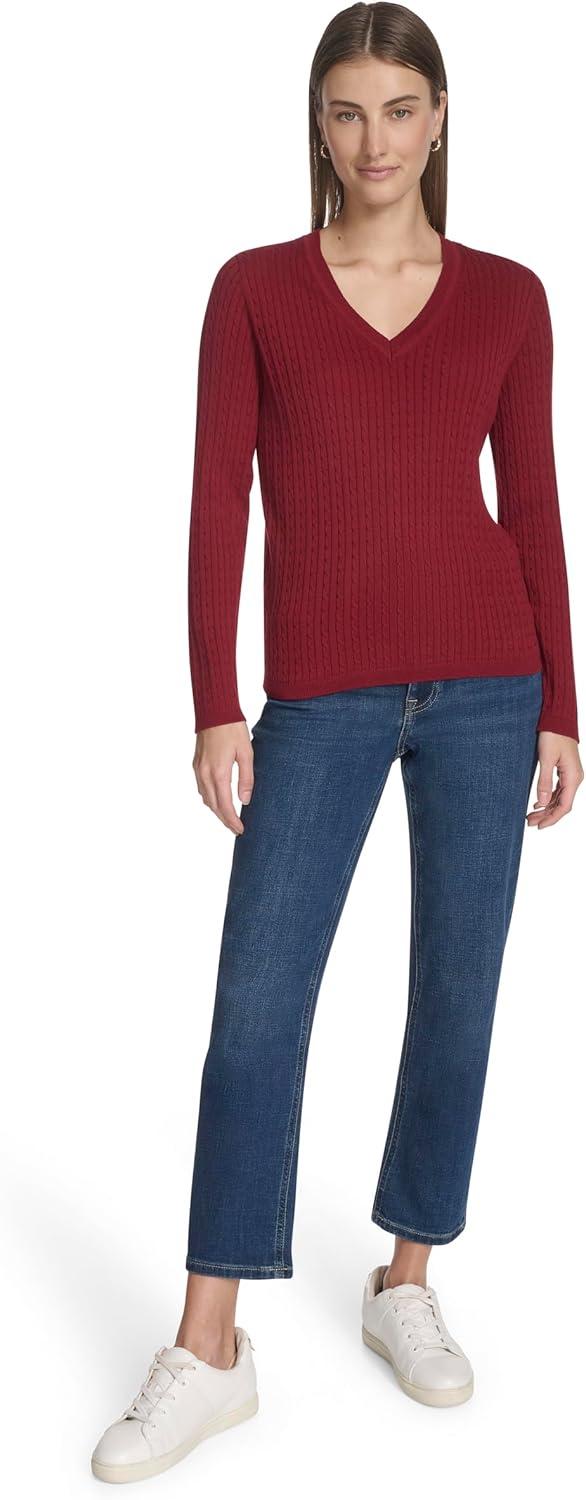 imageNautica Womens Long Sleeve Cable VNeck SweaterDeep Rouge